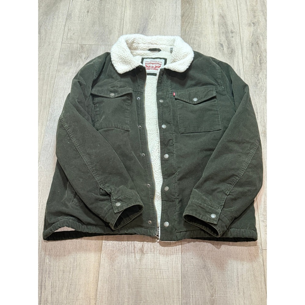 Levi's Mens L Corduroy Sherpa Lined Trucker Jacket Olive Green Full Zip & Button